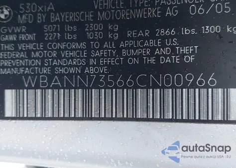 2006 BMW 530Xit z USA, uszkodzony, nr VIN WBANN73566CN00966